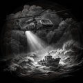 Helicopter hovering over a boat in rough ocean waves with dramatic lighting.