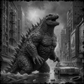 Monster in a city street with cars and buildings