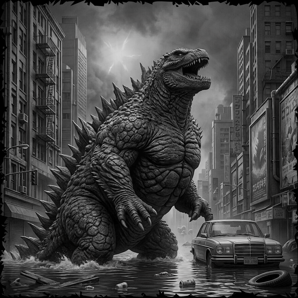 Monster in a city street with cars and buildings