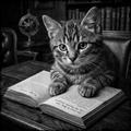 Cat sitting on an open book in a room with books and a chair.