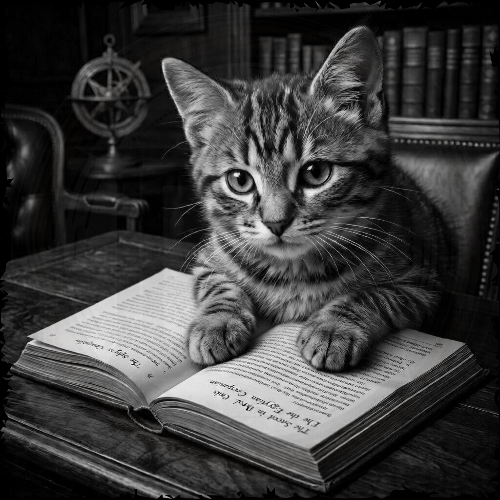 Cat sitting on an open book in a room with books and a chair.
