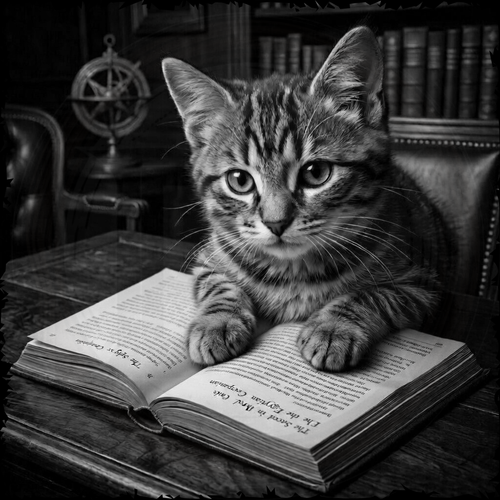 Cat sitting on an open book in a room with books and a chair.