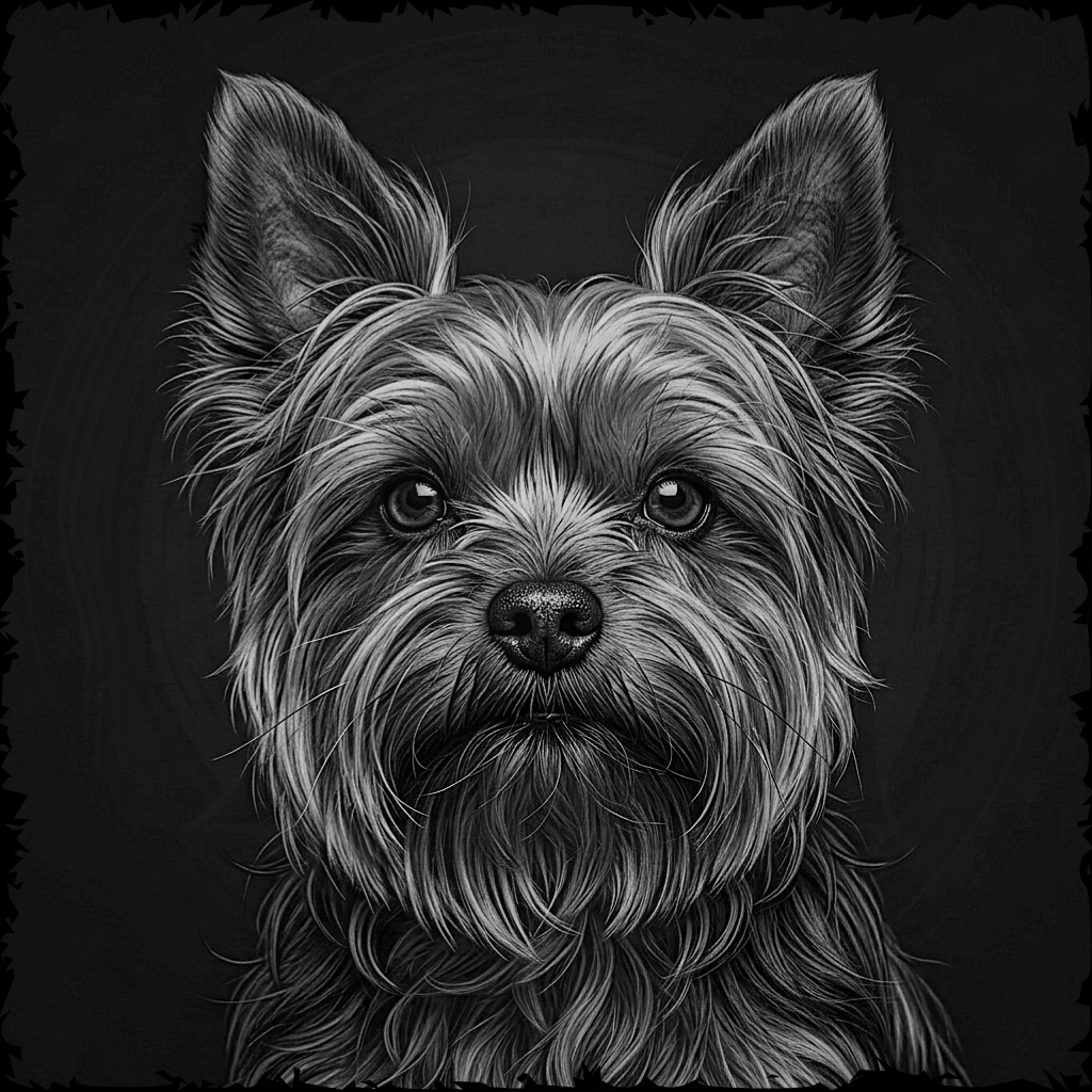 Black and white portrait of a dog on a dark background