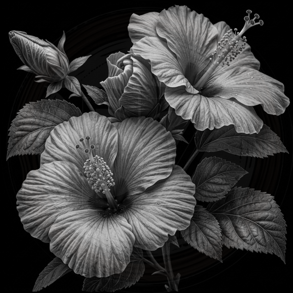 Black and white illustration of hibiscus flowers and leaves on a transparent background