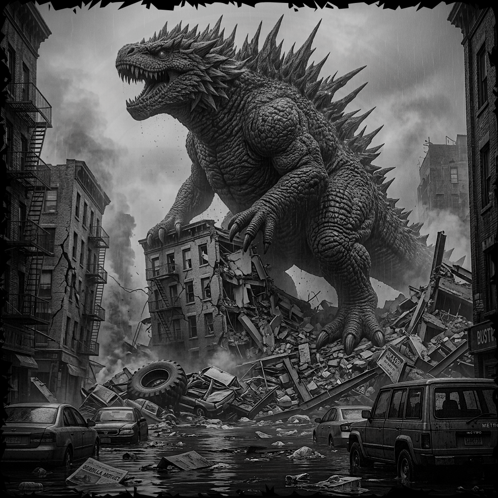 Monster-like creature in a cityscape with destroyed buildings and cars
