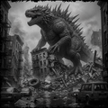 Monster-like creature in a cityscape with destroyed buildings and cars