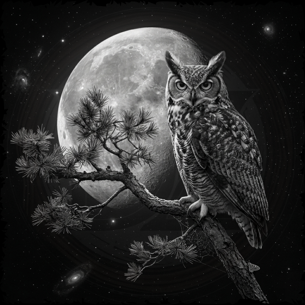 Black and white owl perched on a branch with a full moon in the background