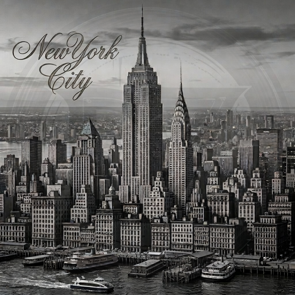Black and white illustration of a New York City skyline with iconic buildings.