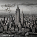 Black and white illustration of a New York City skyline with iconic buildings.
