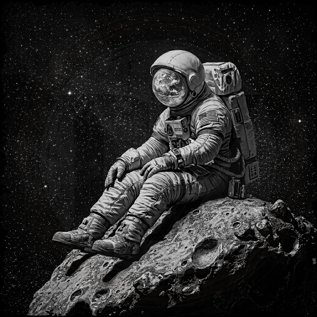 Astronaut sitting on a rock with a starry space background