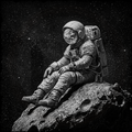 Astronaut sitting on a rock with a starry space background