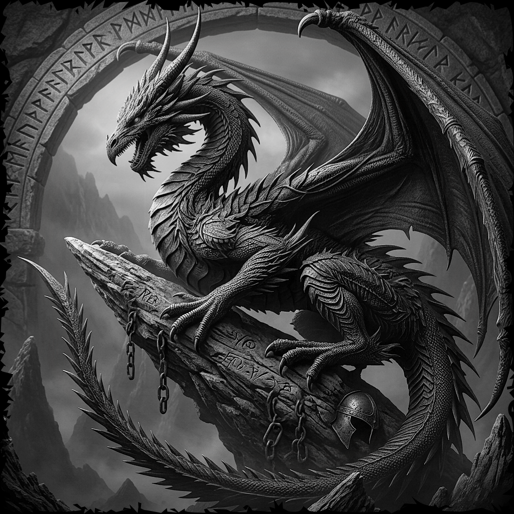 Black and white illustration of a dragon on a stone surface with runes.