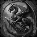 Black and white illustration of a dragon on a stone surface with runes.