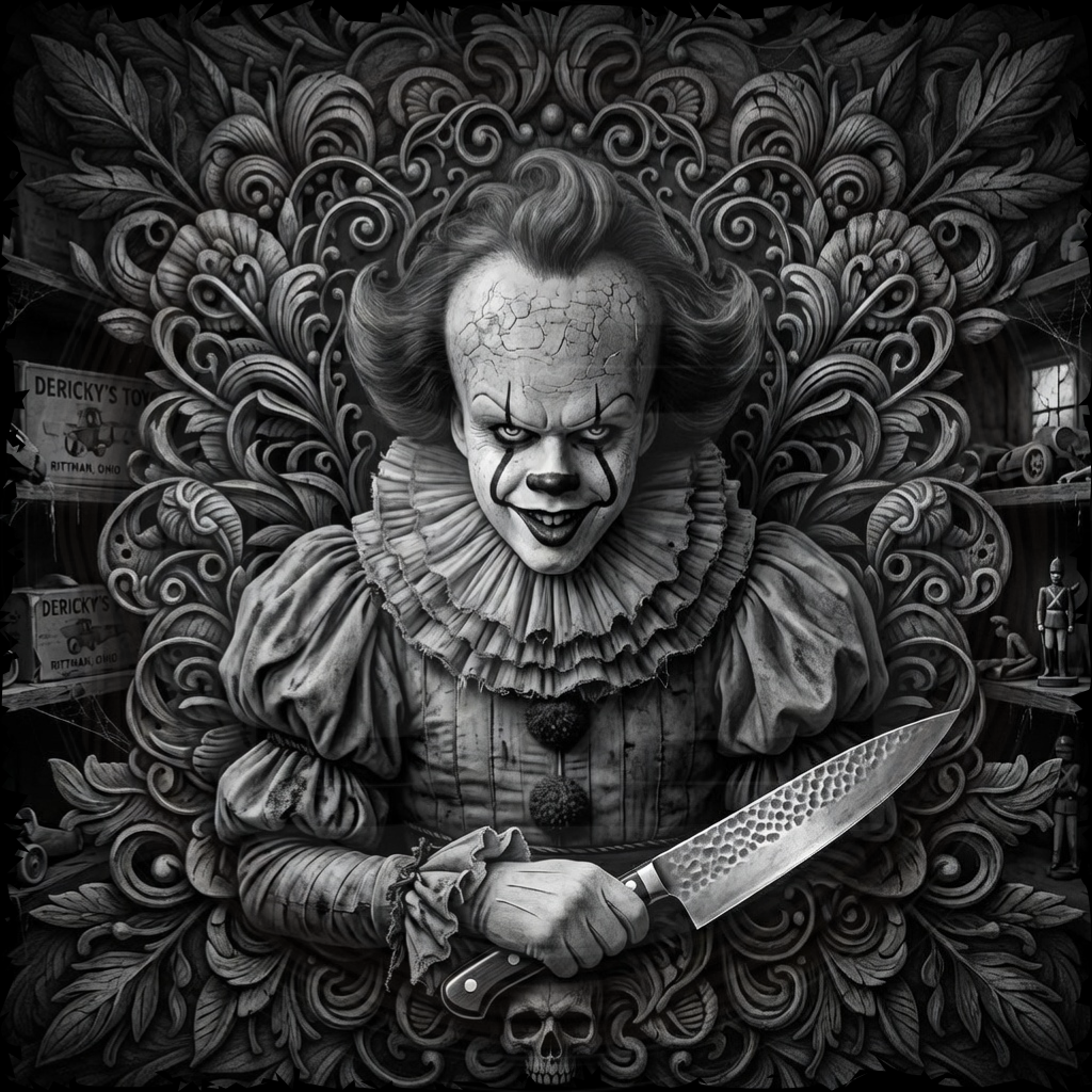 Black and white illustration of a character holding a knife with intricate background