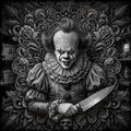Black and white illustration of a character holding a knife with intricate background