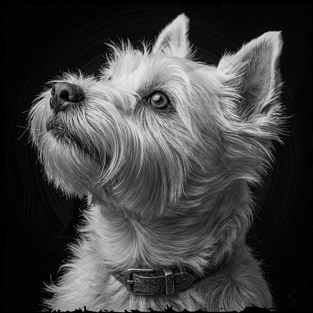 Black and white portrait of a dog with a dark background