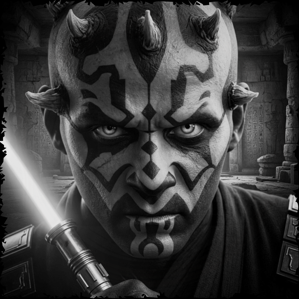 Character with face paint and a lightsaber in a dark, possibly alien setting