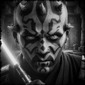 Character with face paint and a lightsaber in a dark, possibly alien setting