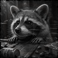 Black and white raccoon on a surface with various items around