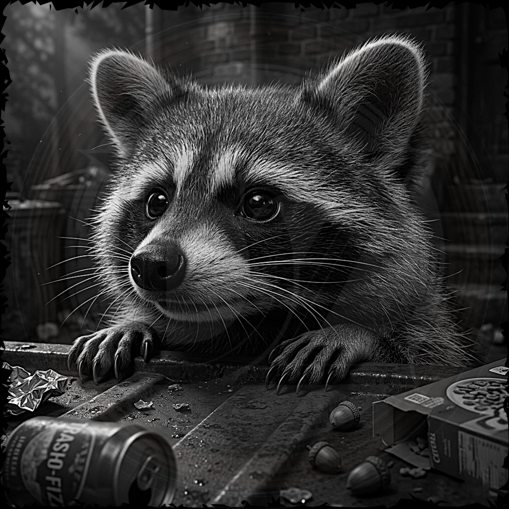 Black and white raccoon on a surface with various items around