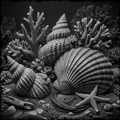 Black and white still life arrangement of shells, corals, and starfish on a sandy surface.