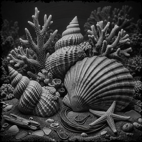 Black and white still life arrangement of shells, corals, and starfish on a sandy surface.