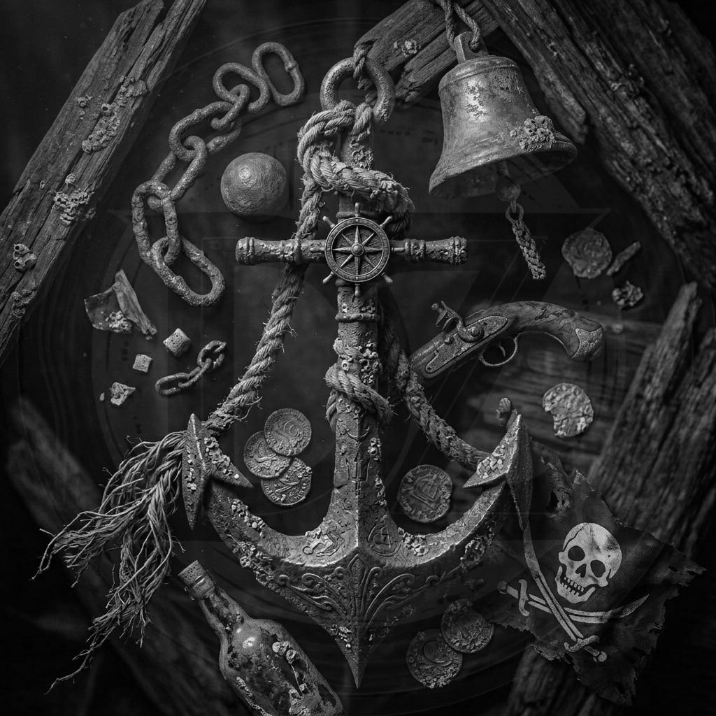 Nautical-themed decorative item with anchor, bell, and coins on a dark background