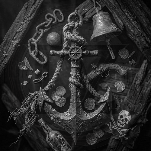 Nautical-themed decorative item with anchor, bell, and coins on a dark background