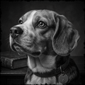 Black and white portrait of a dog with a collar and tag, sitting on a wooden surface.