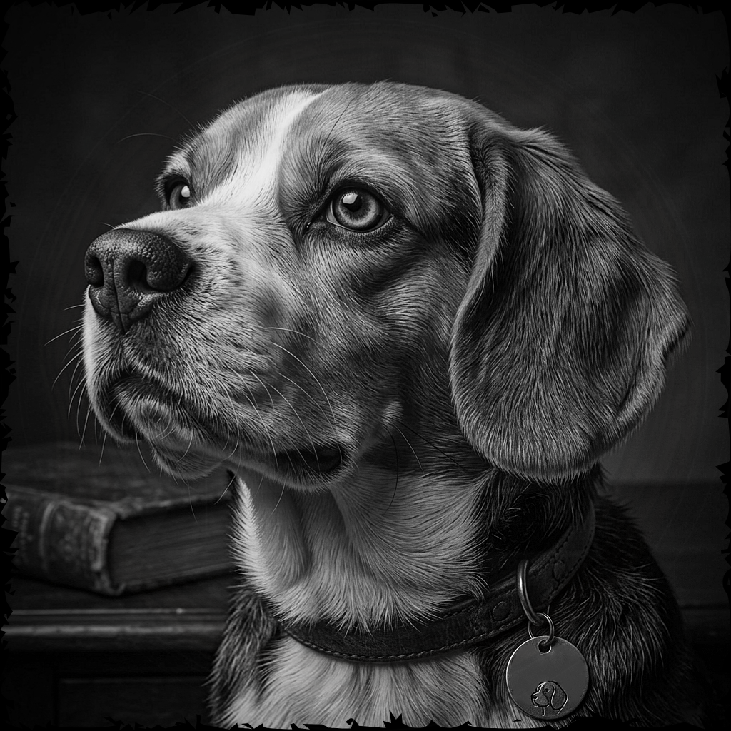 Black and white portrait of a dog with a collar and tag, sitting on a wooden surface.