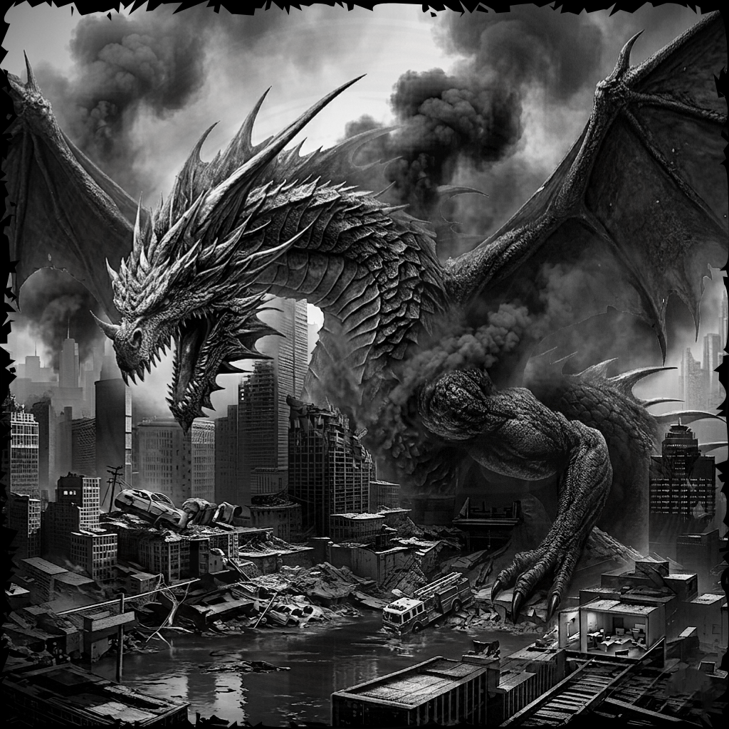 Dragon over a destroyed cityscape with smoke and debris