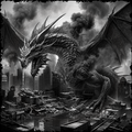 Dragon over a destroyed cityscape with smoke and debris