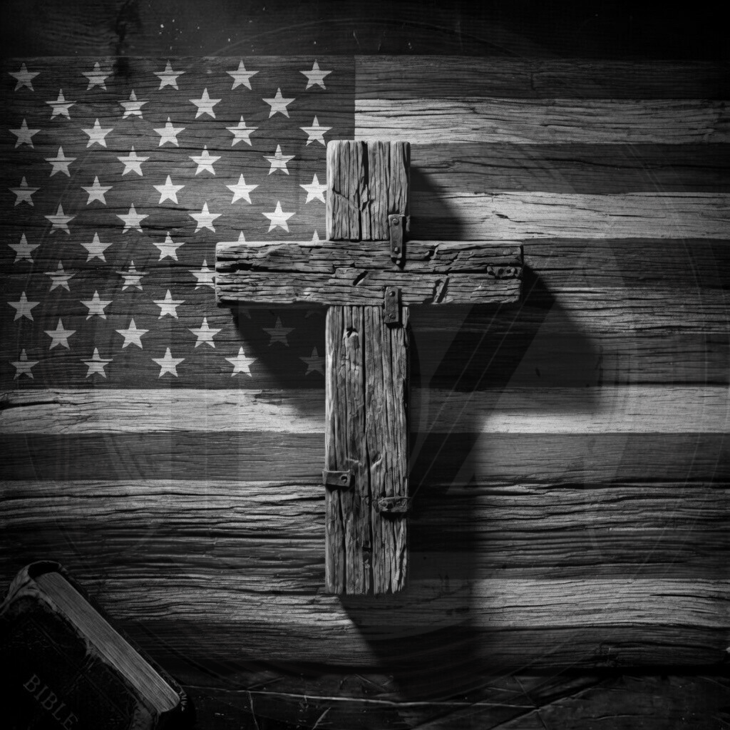 Wooden cross on a wooden American flag background