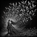 Artistic depiction of a couple with a large, ornate bird and flying birds in the background.