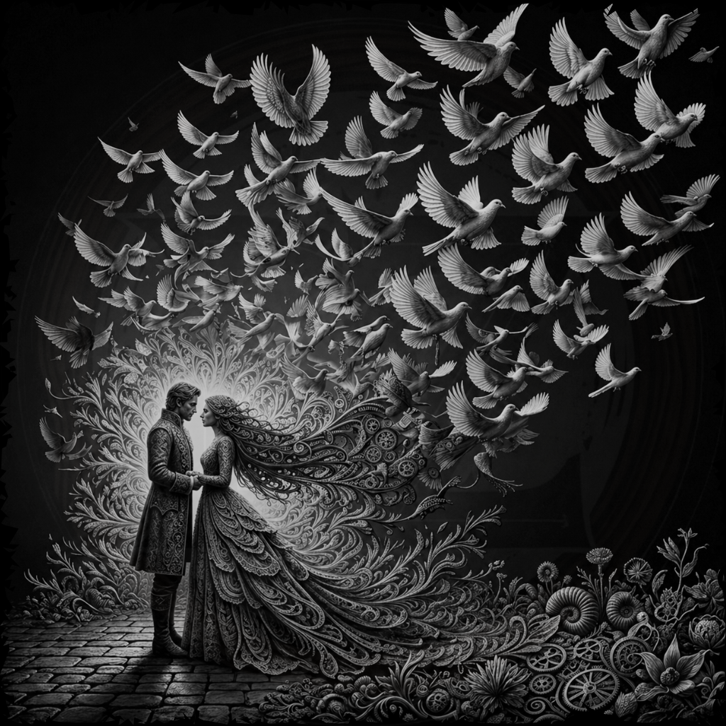 Artistic depiction of a couple with a large, ornate bird and flying birds in the background.