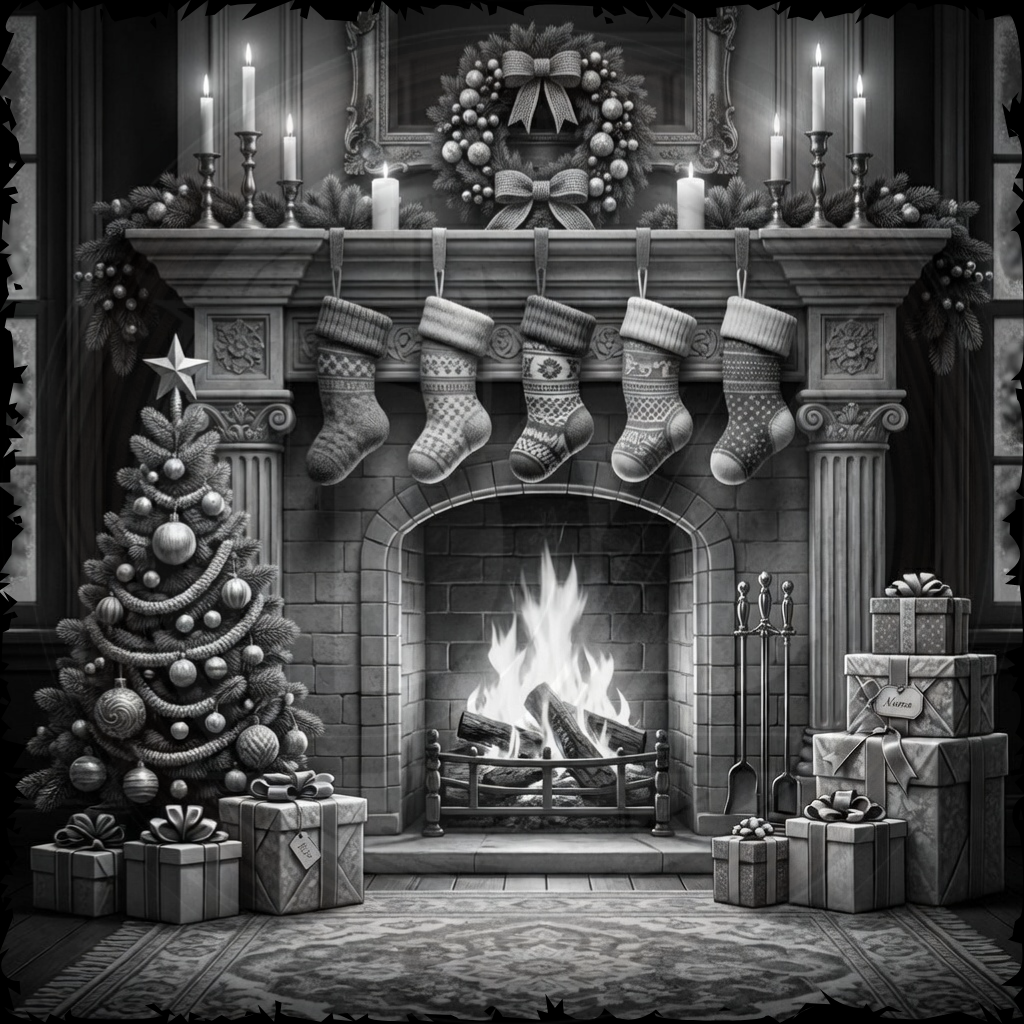 Decorative Christmas scene with a fireplace, stockings, tree, and presents.