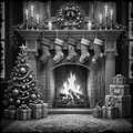 Decorative Christmas scene with a fireplace, stockings, tree, and presents.