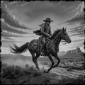 Cowboy riding a horse in a desert landscape with a dramatic sky.