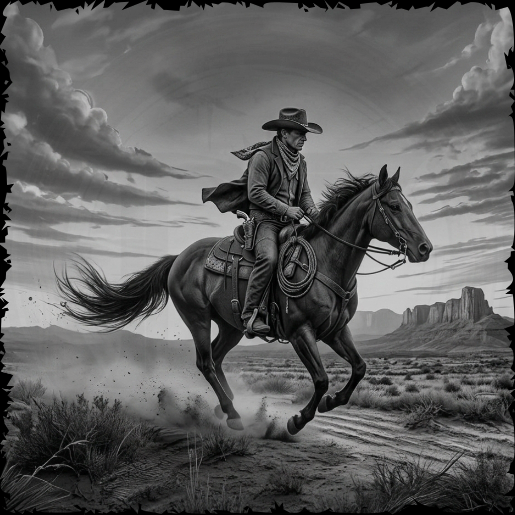 Cowboy riding a horse in a desert landscape with a dramatic sky.