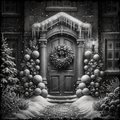Decorative winter scene with a wooden door, wreath, and snow-covered landscape.