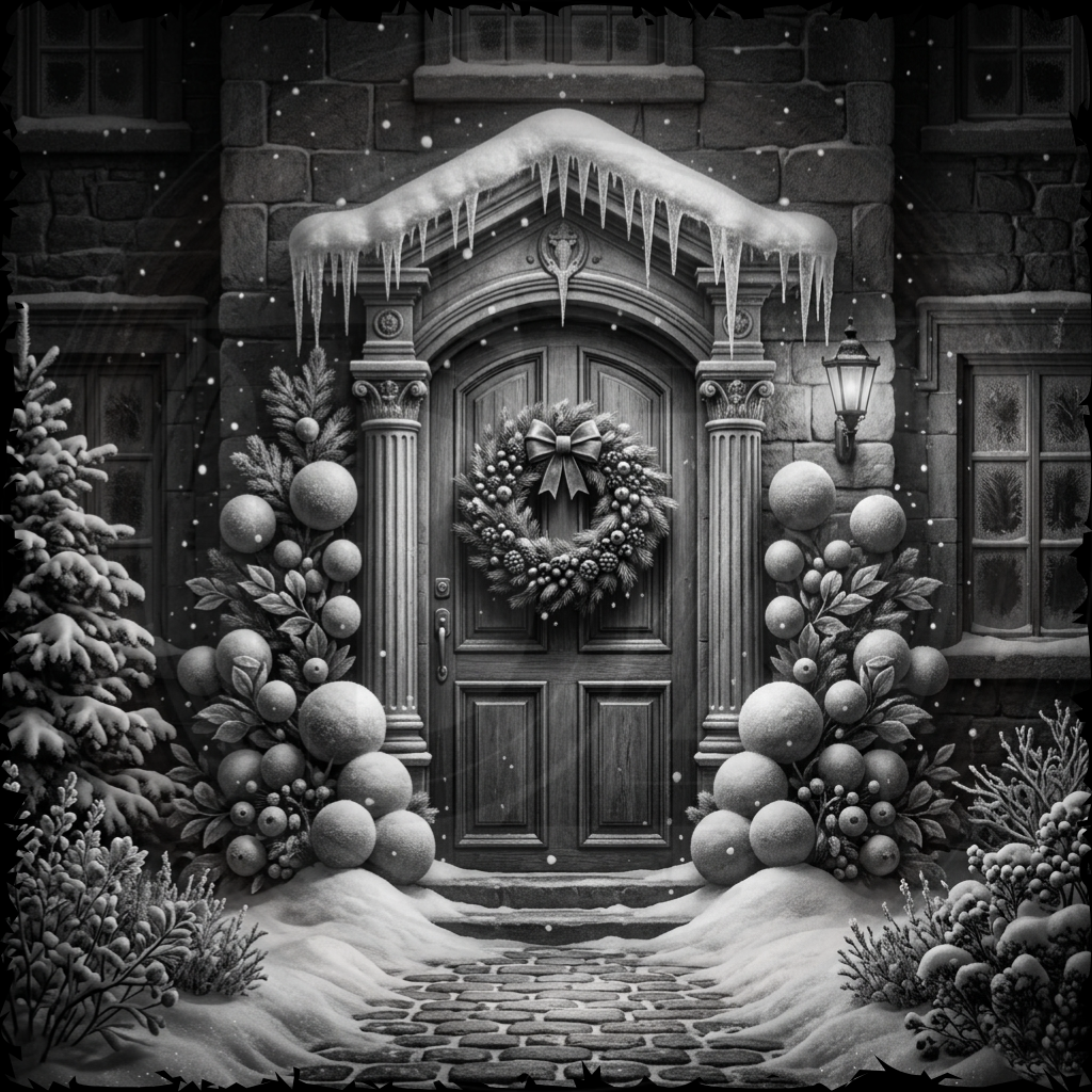 Decorative winter scene with a wooden door, wreath, and snow-covered landscape.