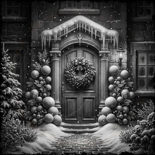 Decorative winter scene with a wooden door, wreath, and snow-covered landscape.