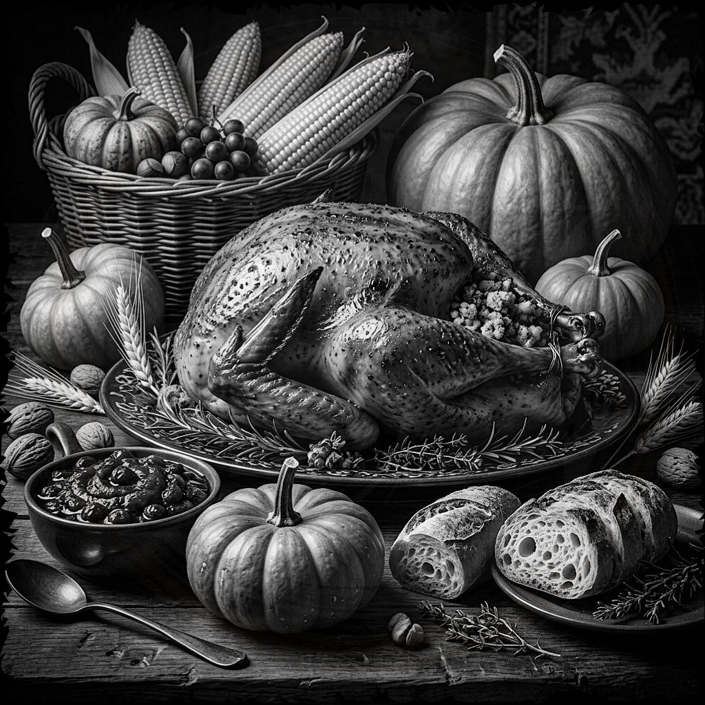 Black and white still life of a roasted turkey with pumpkins, corn, and bread on a wooden table.