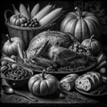 Black and white still life of a roasted turkey with pumpkins, corn, and bread on a wooden table.