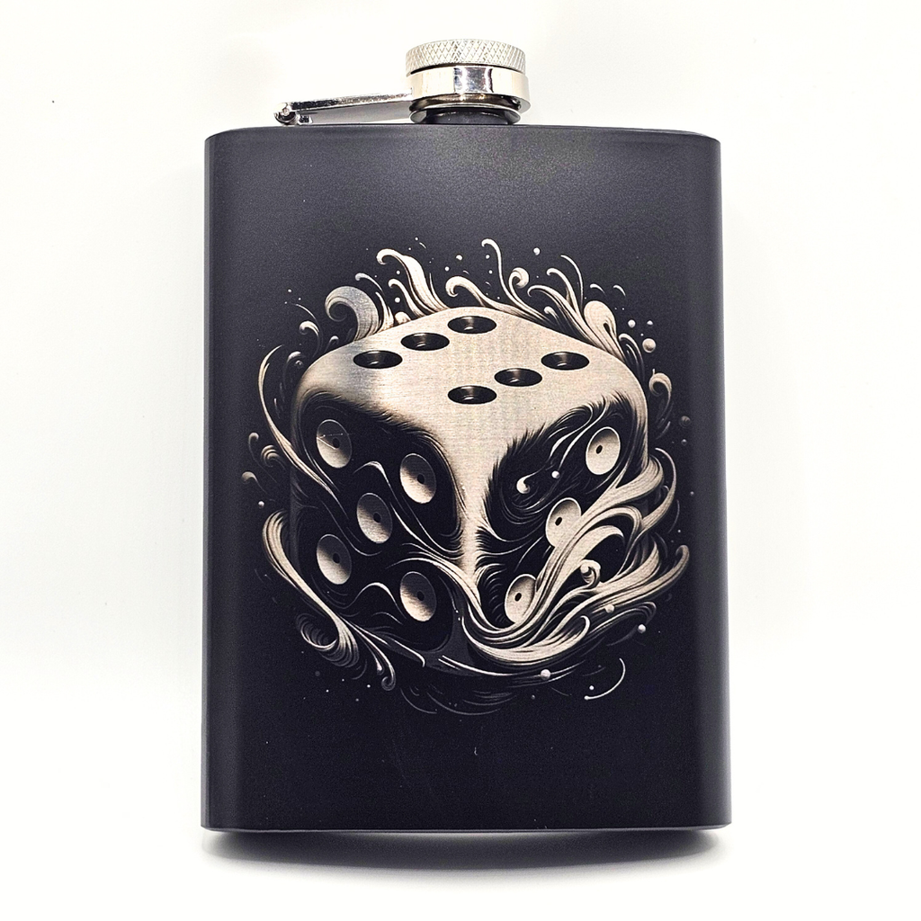Black flask with a silver die design on a white background