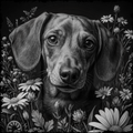 Detailed black and white illustration of a dog surrounded by flowers