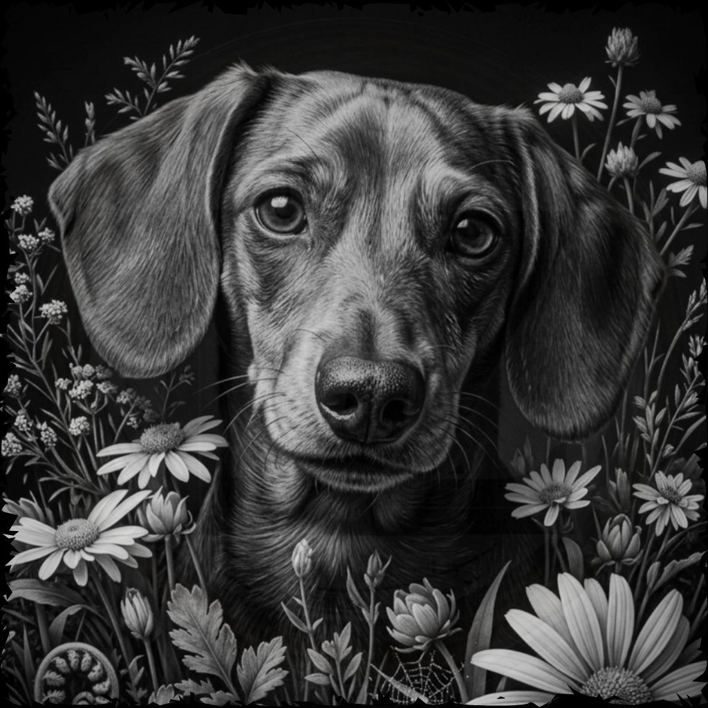 Detailed black and white illustration of a dog surrounded by flowers