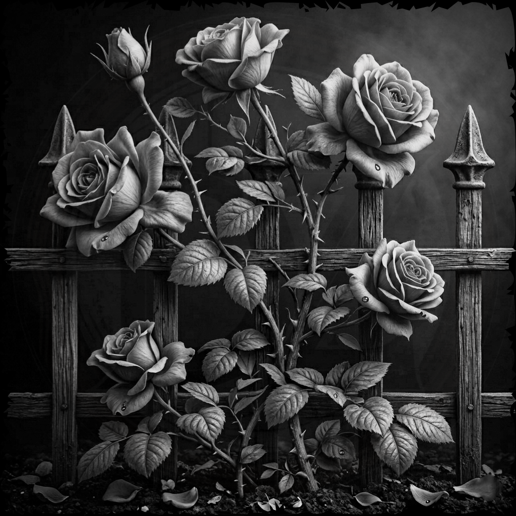 Black and white illustration of roses climbing a wooden fence.