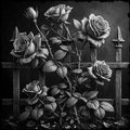 Black and white illustration of roses climbing a wooden fence.