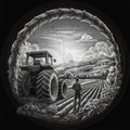 Tractor and person in a field with a circular frame effect